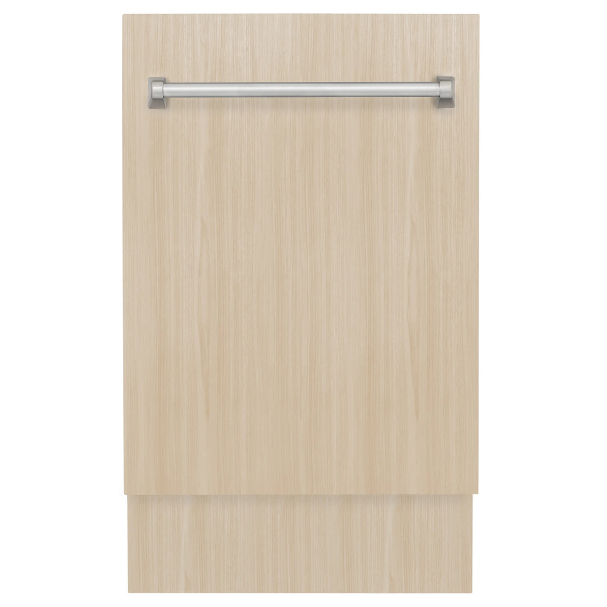 Custom panel-ready dishwasher door panel, light wood with metal handle bar