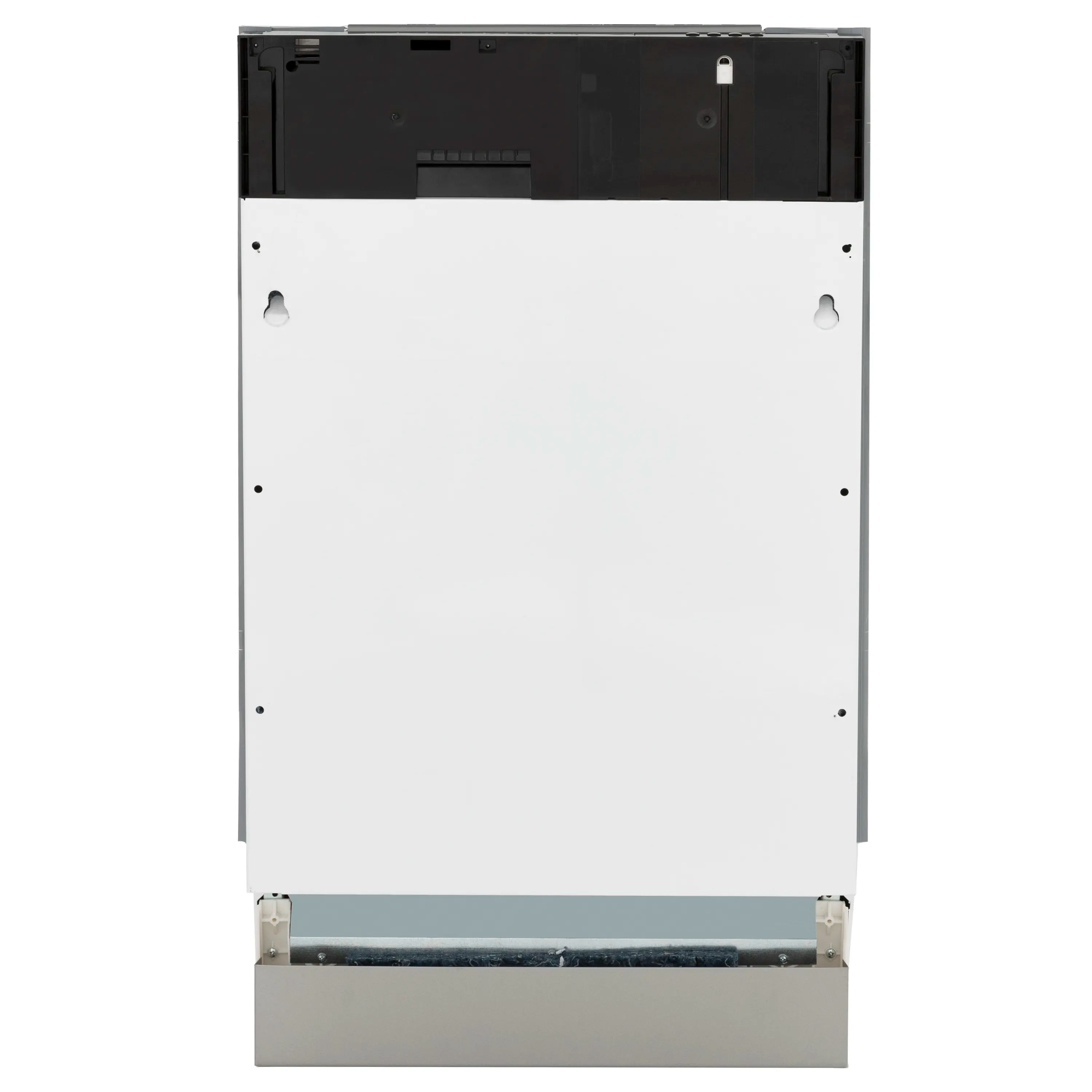 Built-in dishwasher front with white door panel and black top control section