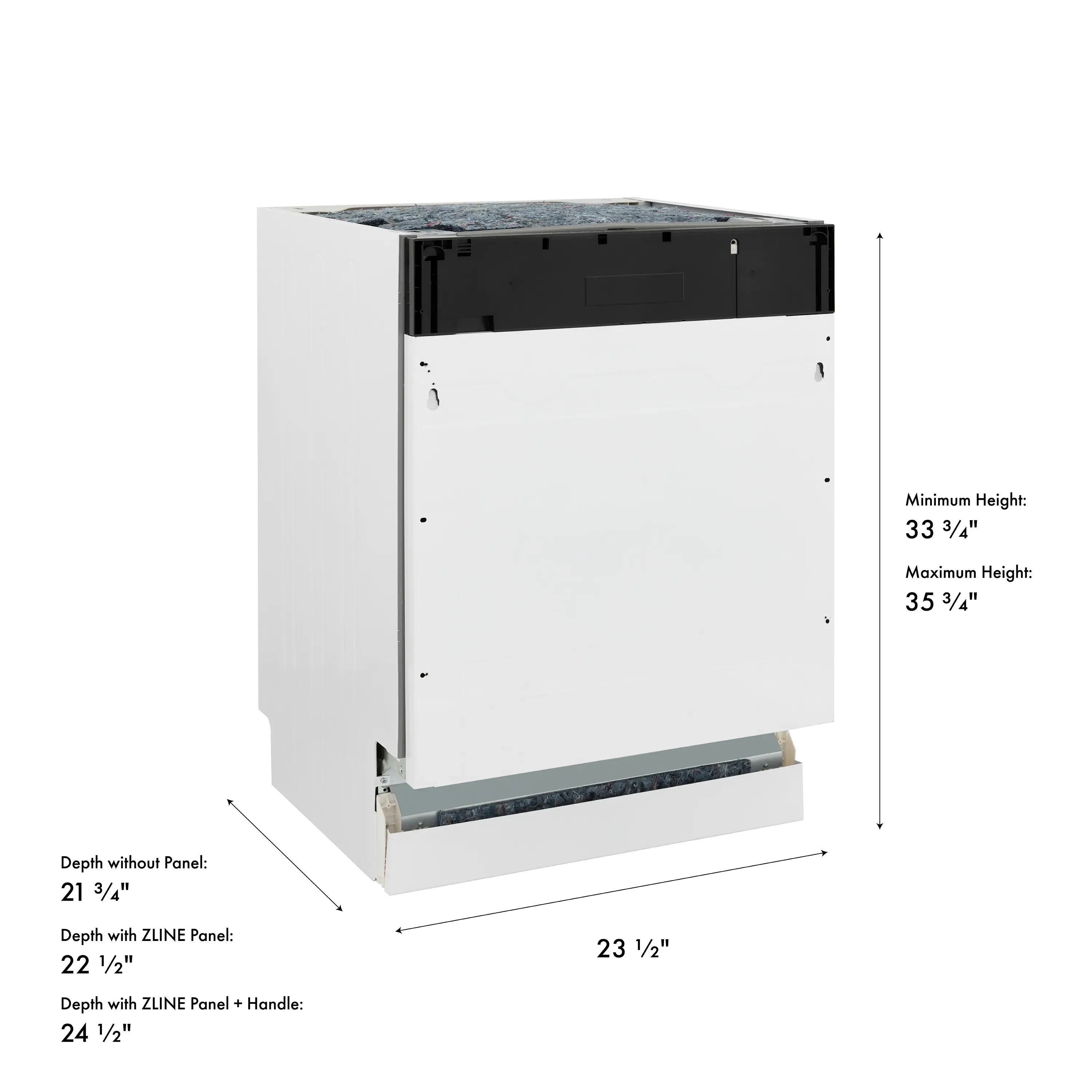 Panel-ready dishwasher with exterior dimensions diagram and mounting points