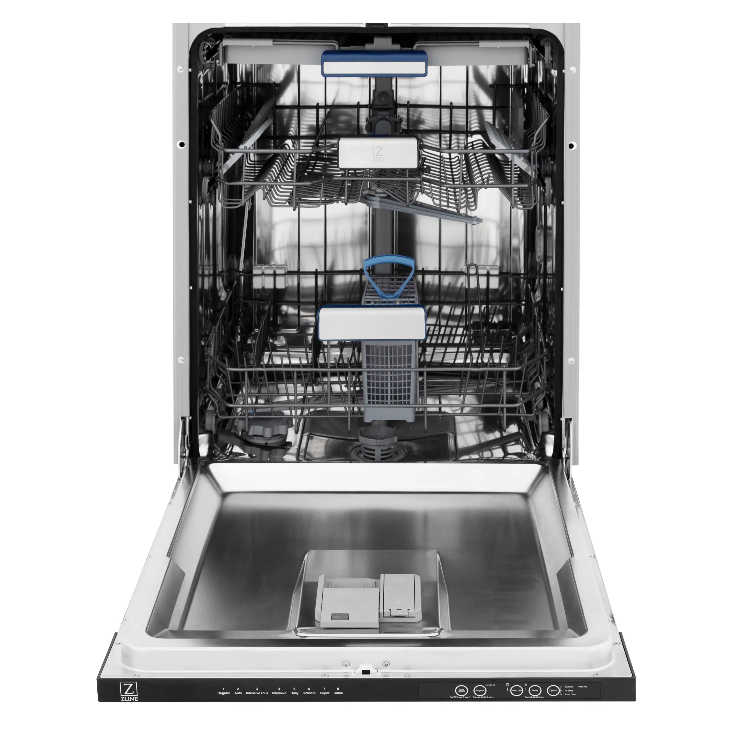Tall built-in dishwasher with open stainless interior, racks, and spray arms