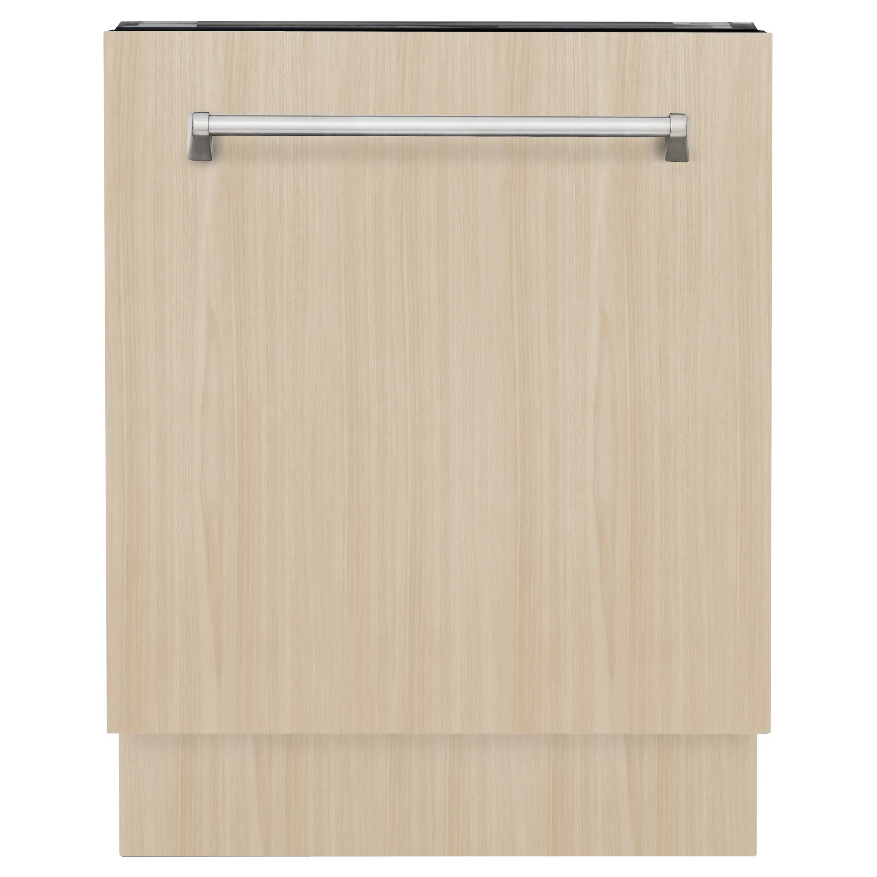 Custom panel-ready dishwasher door with light wood-look panel and horizontal handle bar