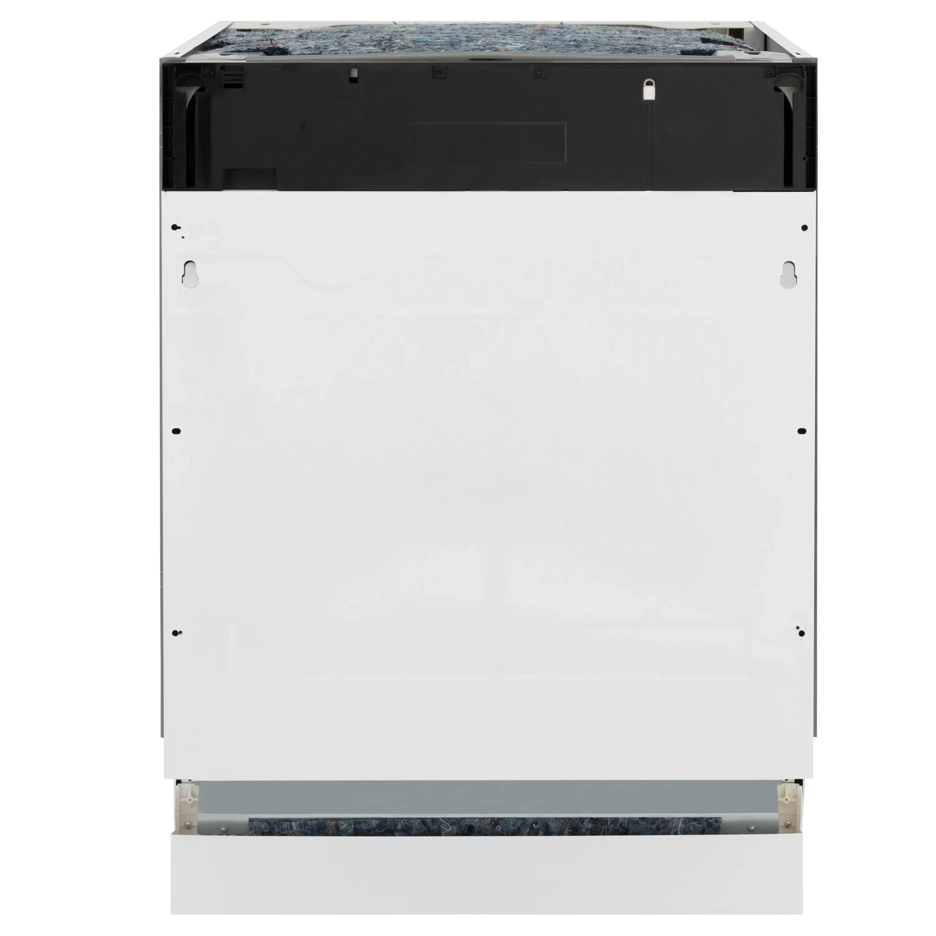 Panel-ready dishwasher rear view with mounting brackets and insulated base