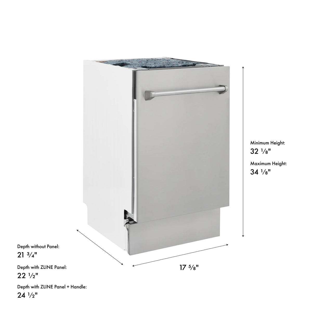 Dishwasher size diagram with minimum and maximum height measurements