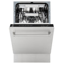 Stainless steel dishwasher open door showing top rack and control area