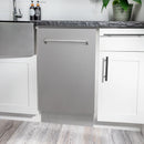 Built-in stainless steel dishwasher with front door open and top handle