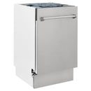 Stainless steel dishwasher front with open door and top handle