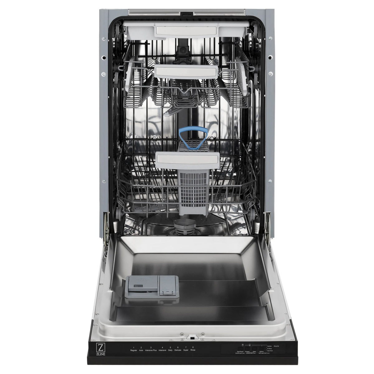 Front view of black matte dishwasher open door with racks and silver base