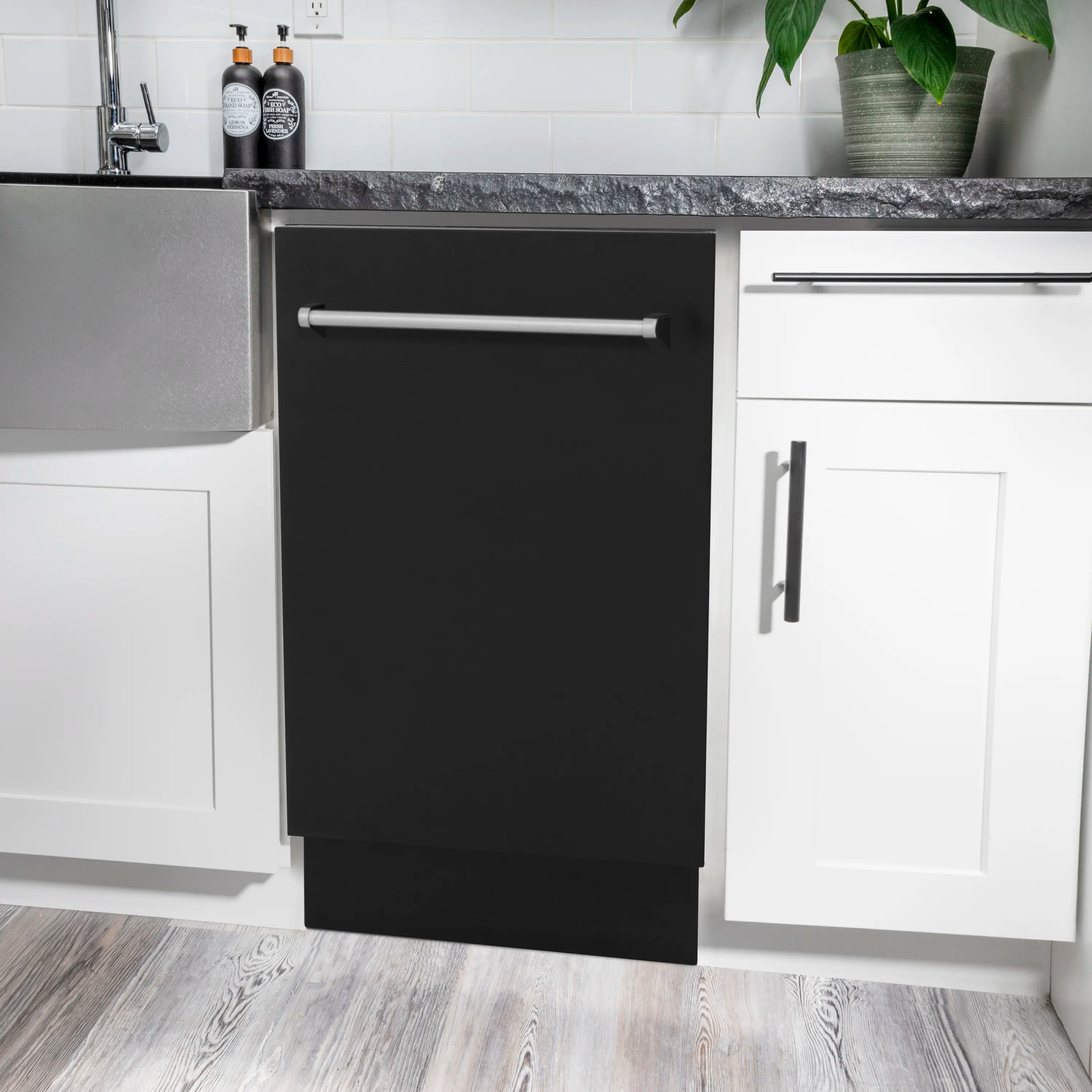 Black matte built-in dishwasher front with horizontal silver handle