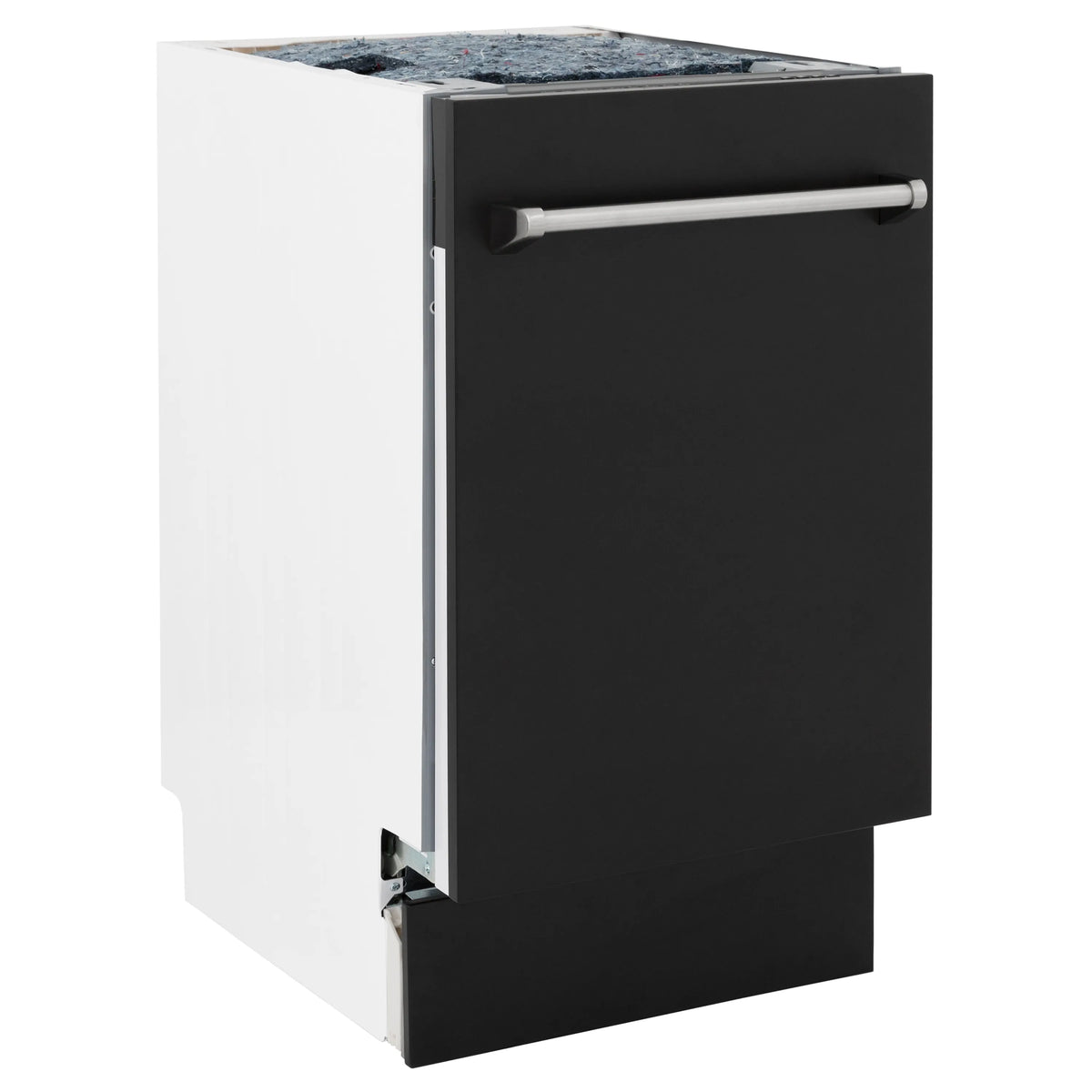 Black matte dishwasher side view with top rack rail visible
