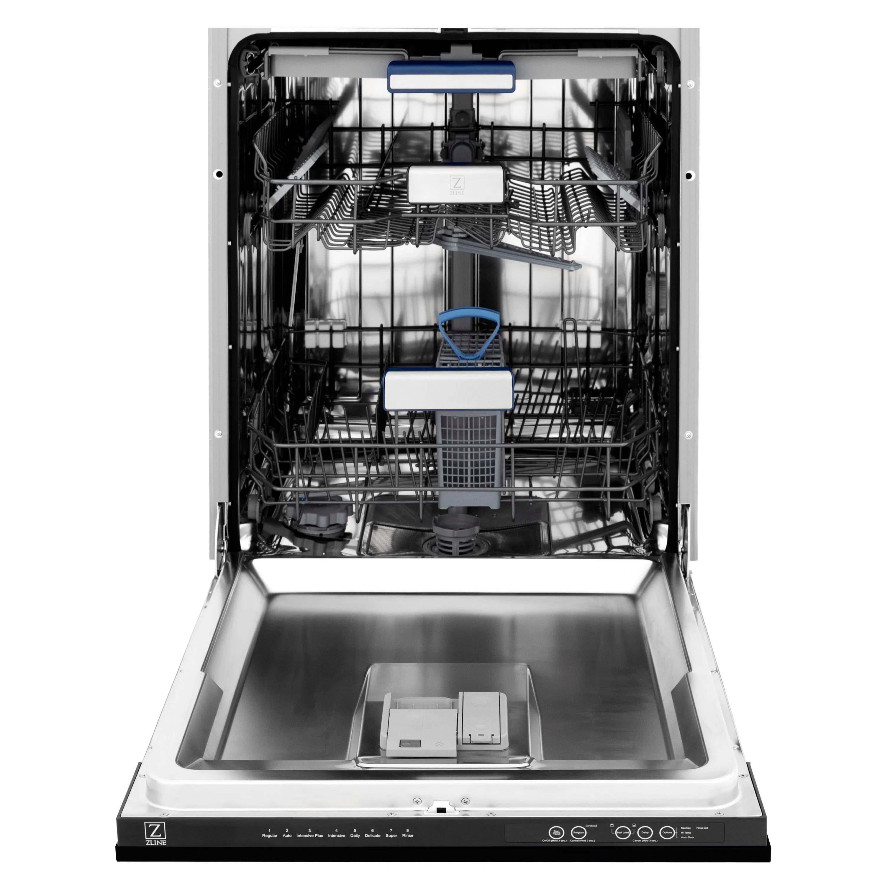 Open tall dishwasher with stainless tub and full rack setup, white exterior