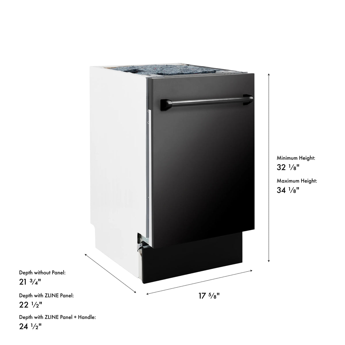 Dishwasher side profile with height measurements and black stainless exterior