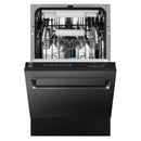 ZLINE dishwasher with open door, top controls and stainless racks inside, black stainless