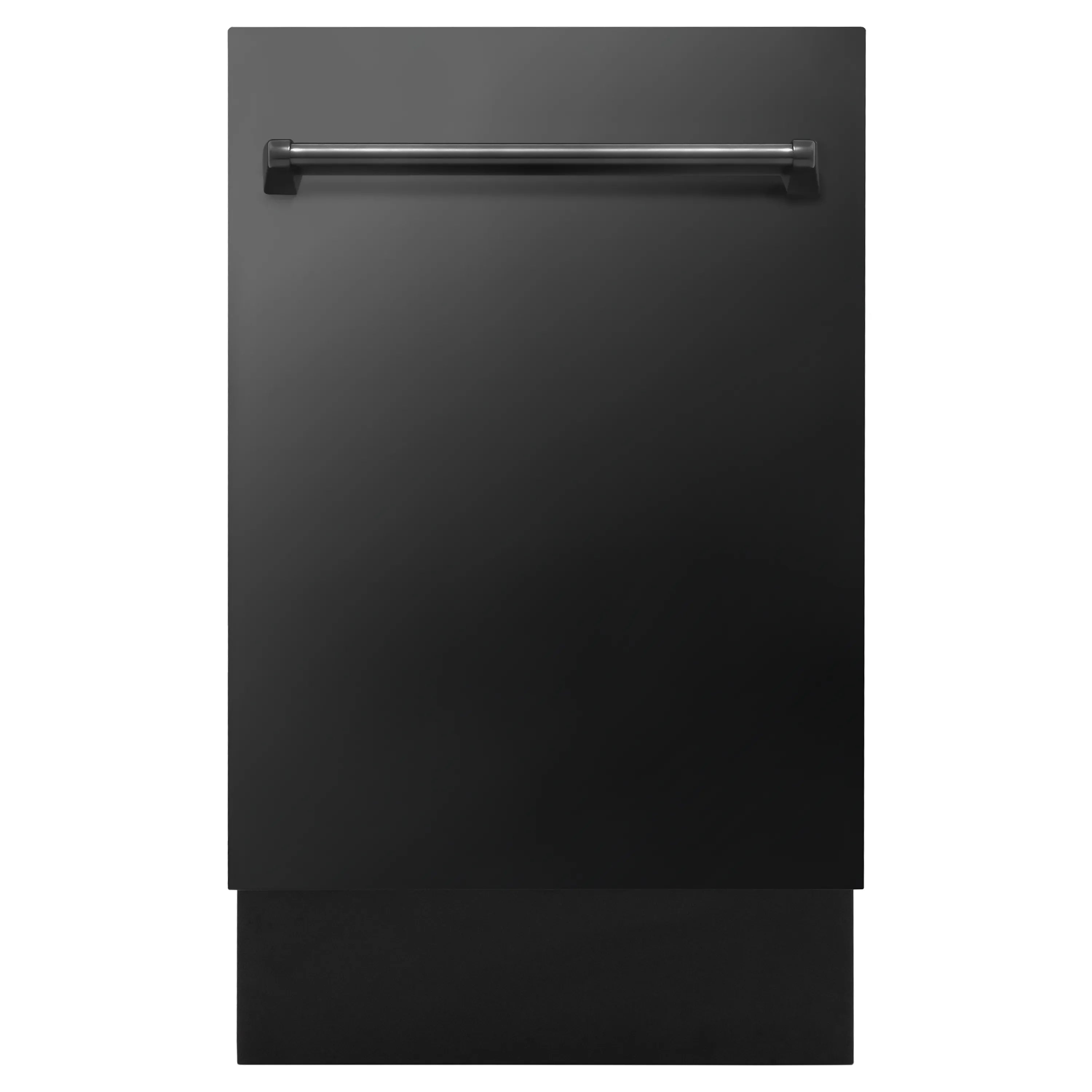 ZLINE dishwasher front panel in black stainless steel with top handle