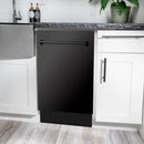 Tall black stainless steel dishwasher with open door and top control.