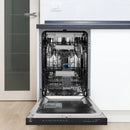 ZLINE top-control dishwasher with open door, stainless tub, black stainless exterior