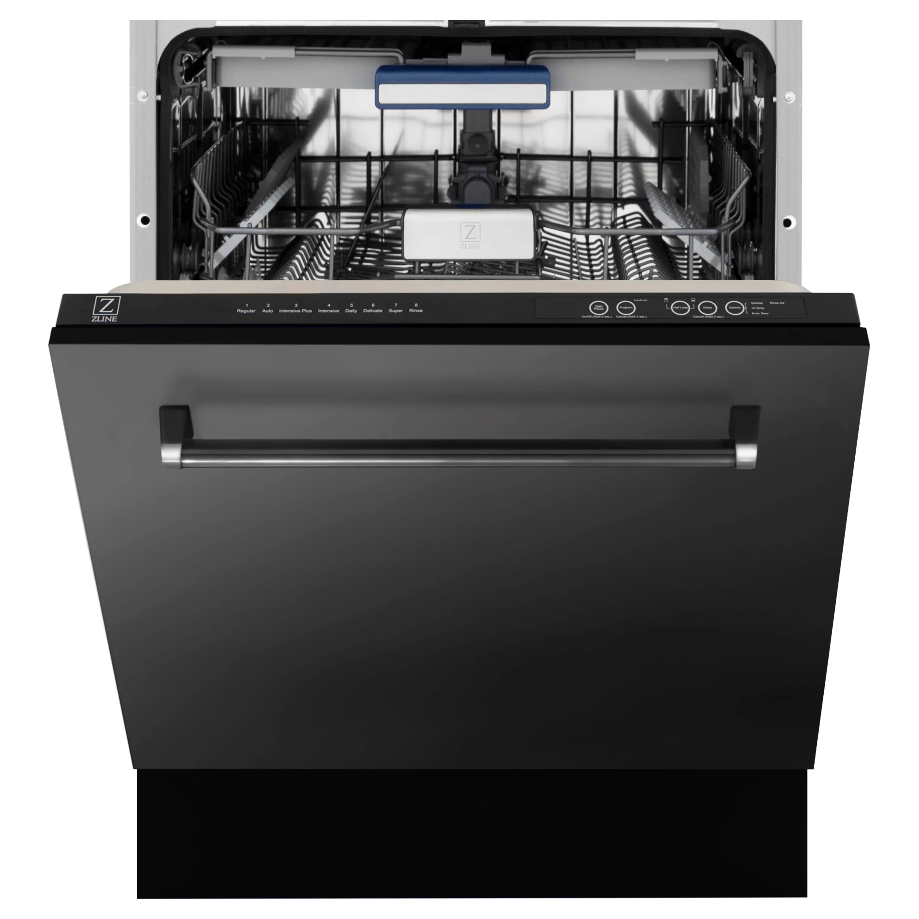Black front dishwasher with open racks and control panel across the door
