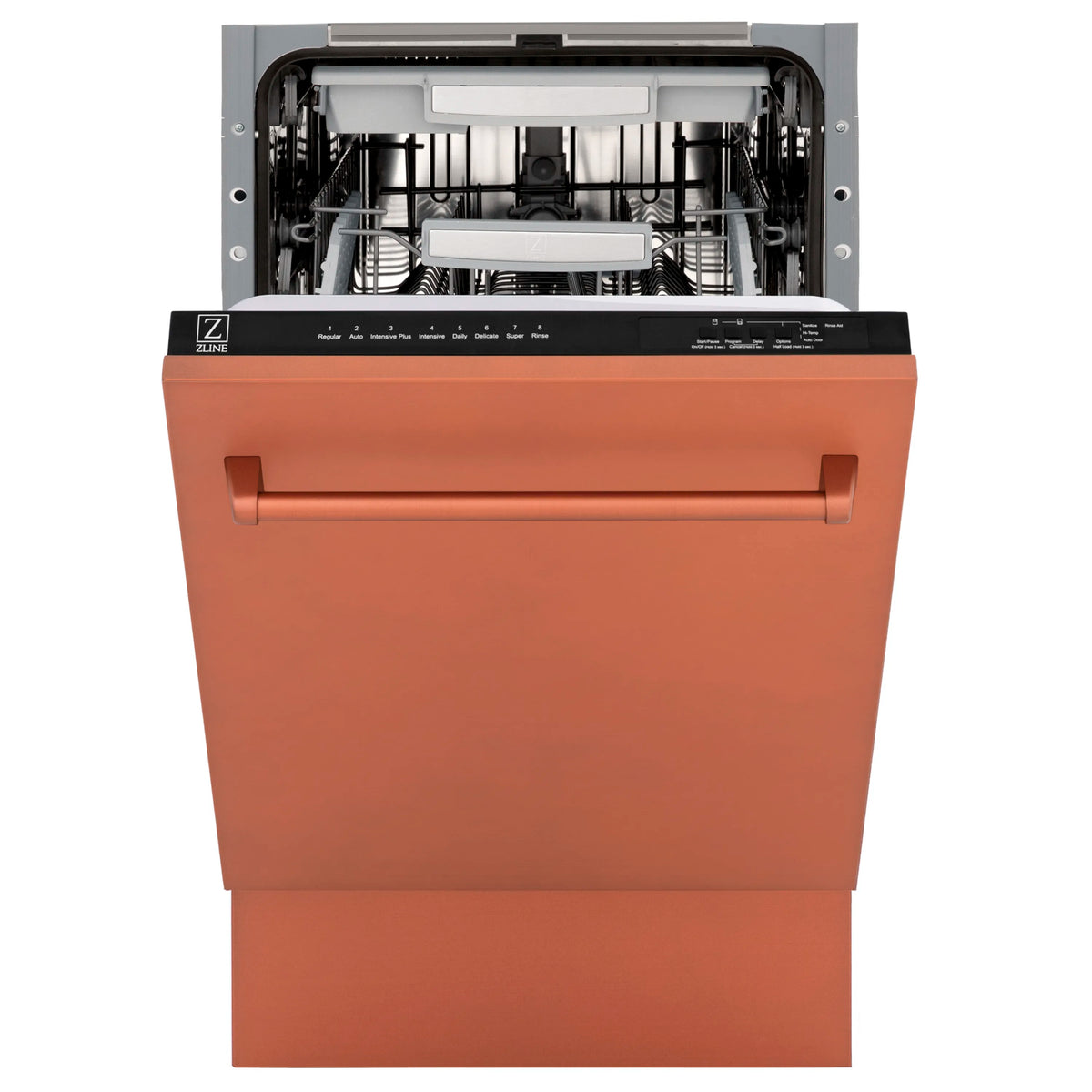 Dishwasher front view with copper door and open wash chamber