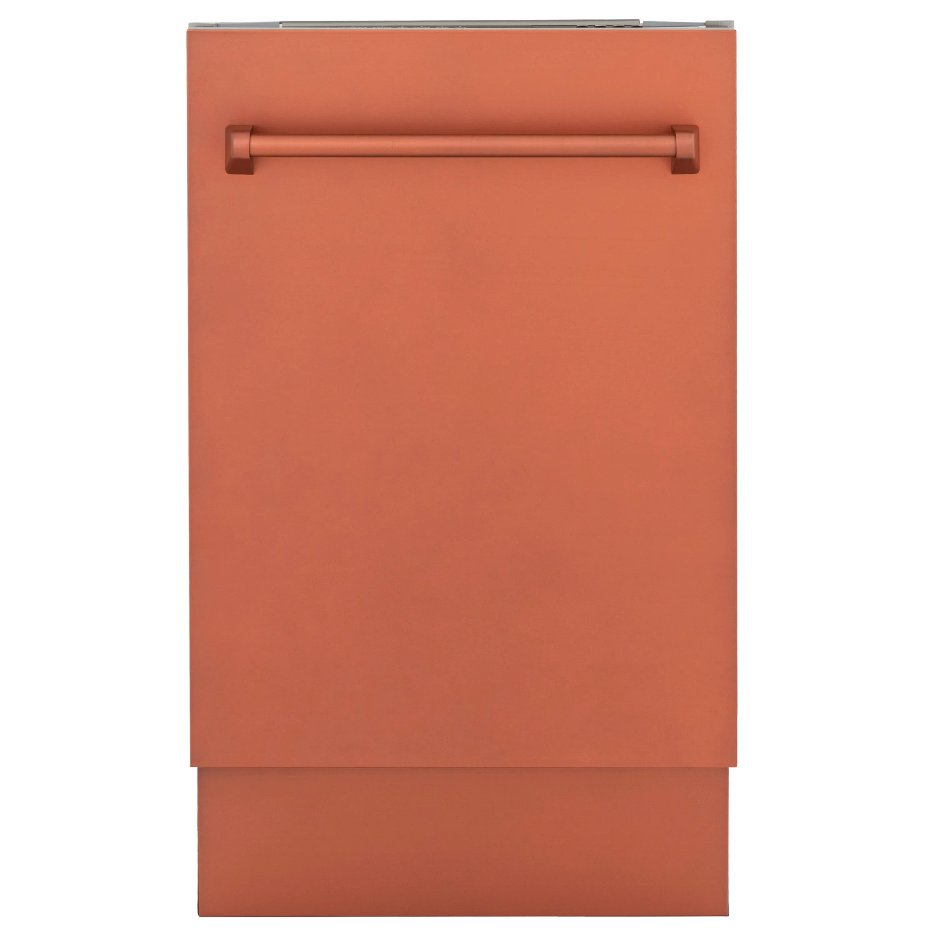 Copper dishwasher door with horizontal handle, closed front view