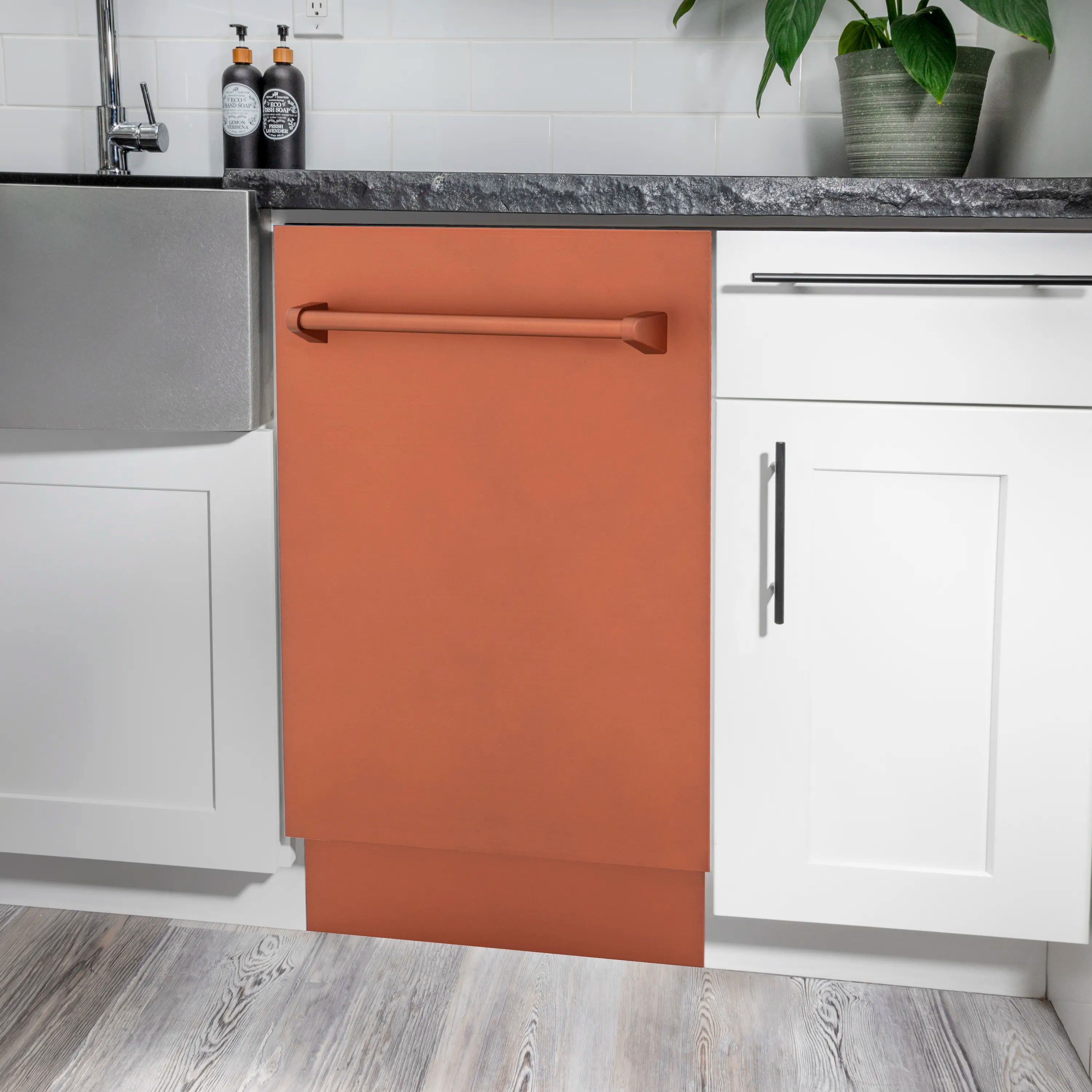 Copper 18-inch dishwasher with open door and top handle, stainless interior tub