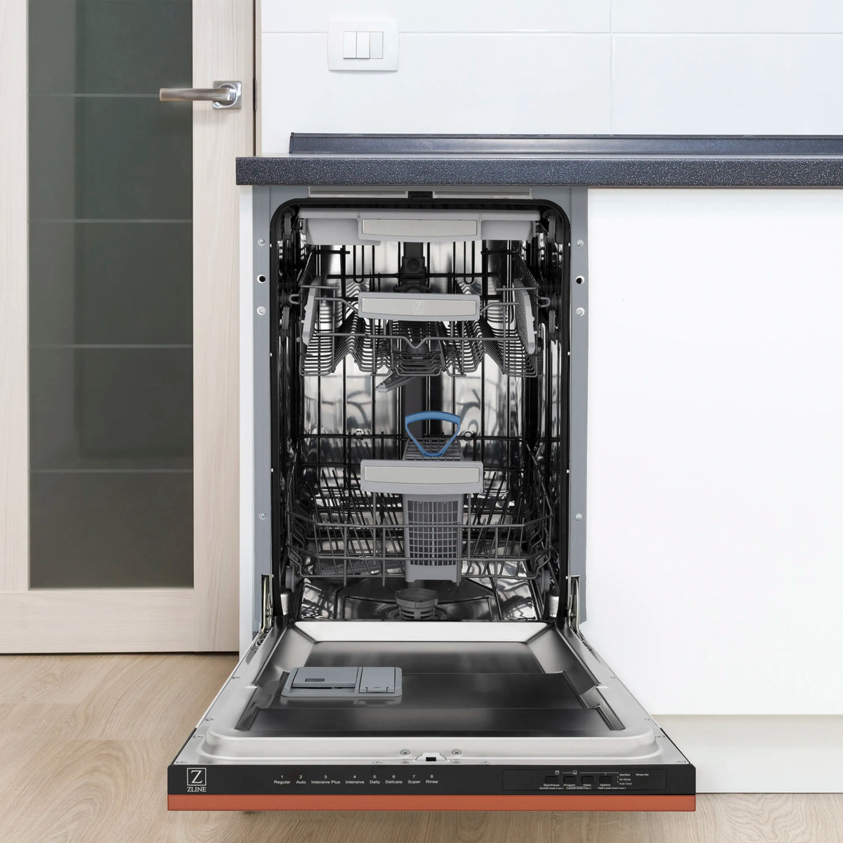 Built-in dishwasher with open door, stainless racks and copper control panel base