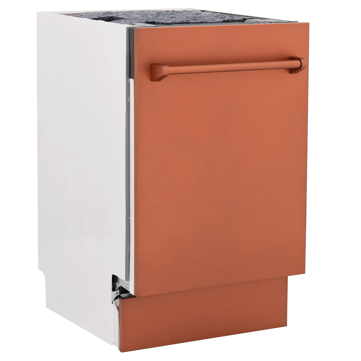Copper dishwasher door open, front view with handle and base panel