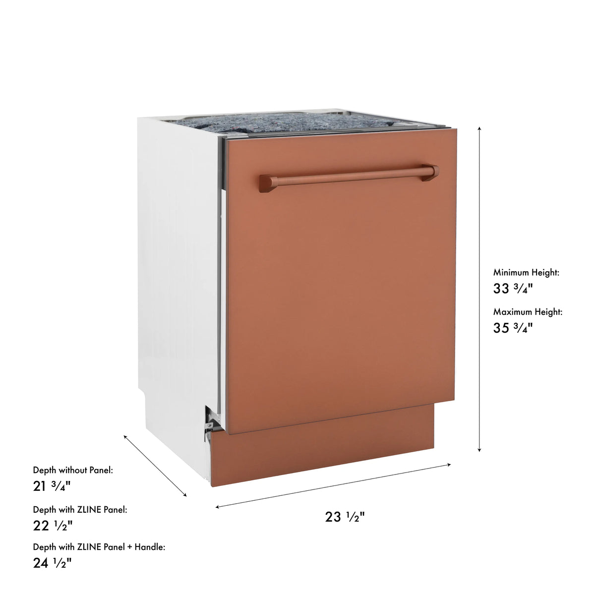 Copper built-in dishwasher front with handle and height dimension diagram