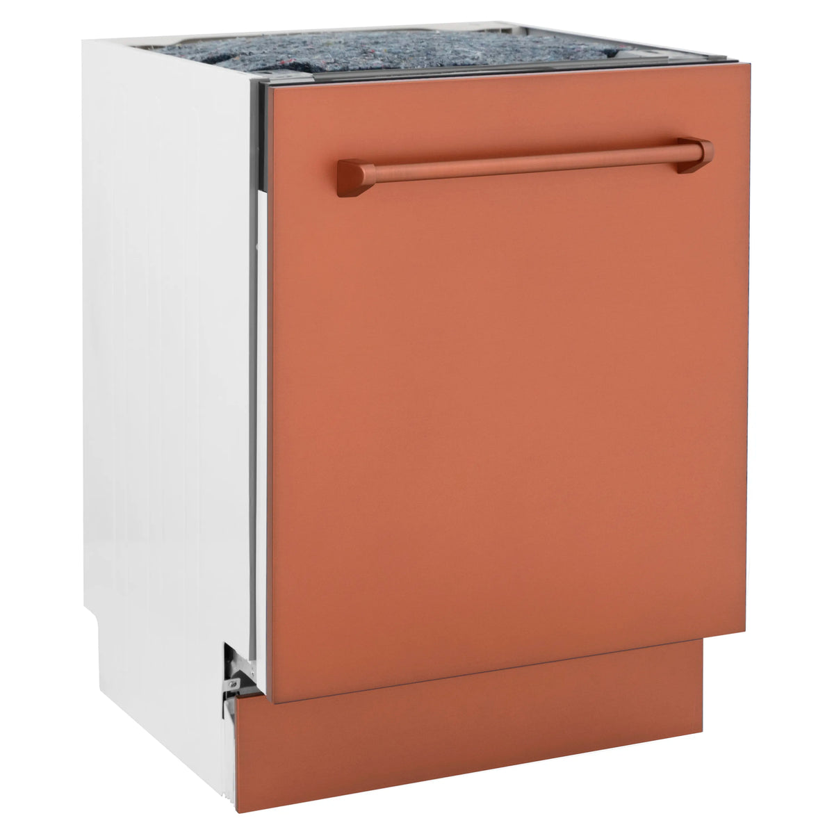 Copper ZLINE dishwasher with horizontal handle and stainless side trim, corner view