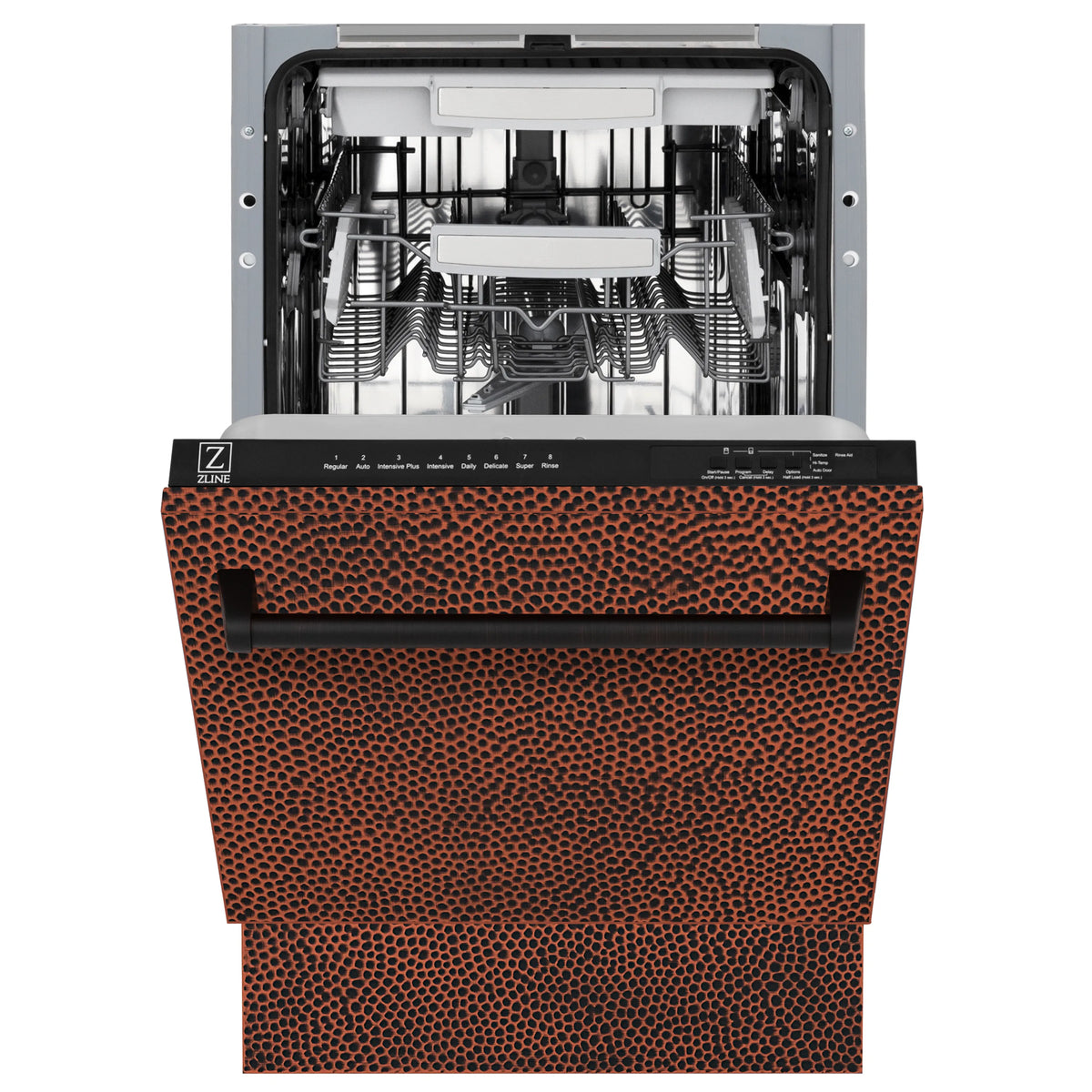 Front view of open dishwasher showing hammered copper panel and interior racks