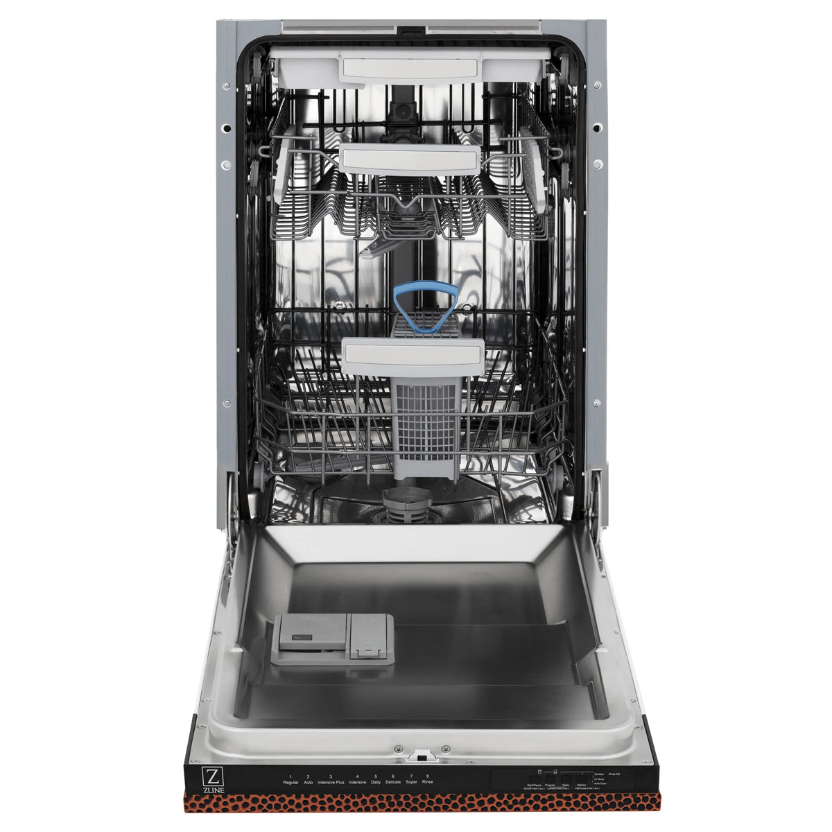 Open dishwasher with lower rack and stainless wash tub interior