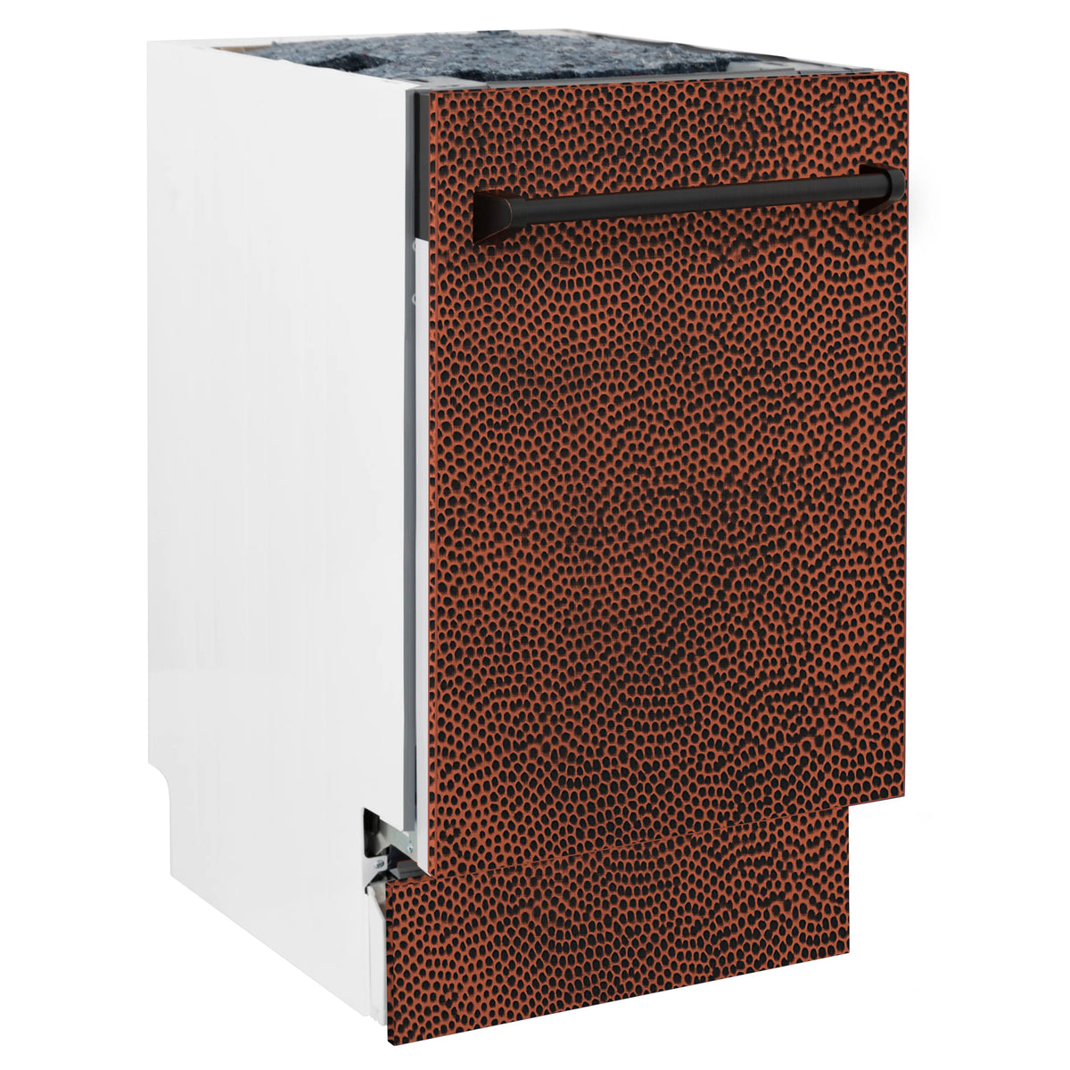 Freestanding view of hammered copper dishwasher front panel with handle