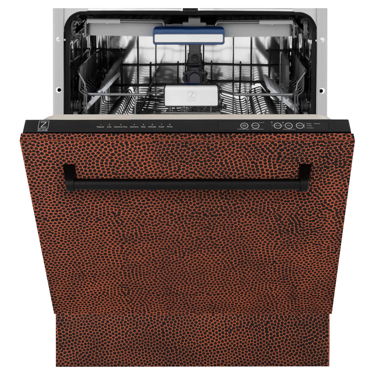 Dishwasher front with open door showing stainless tub and orange hammered copper body