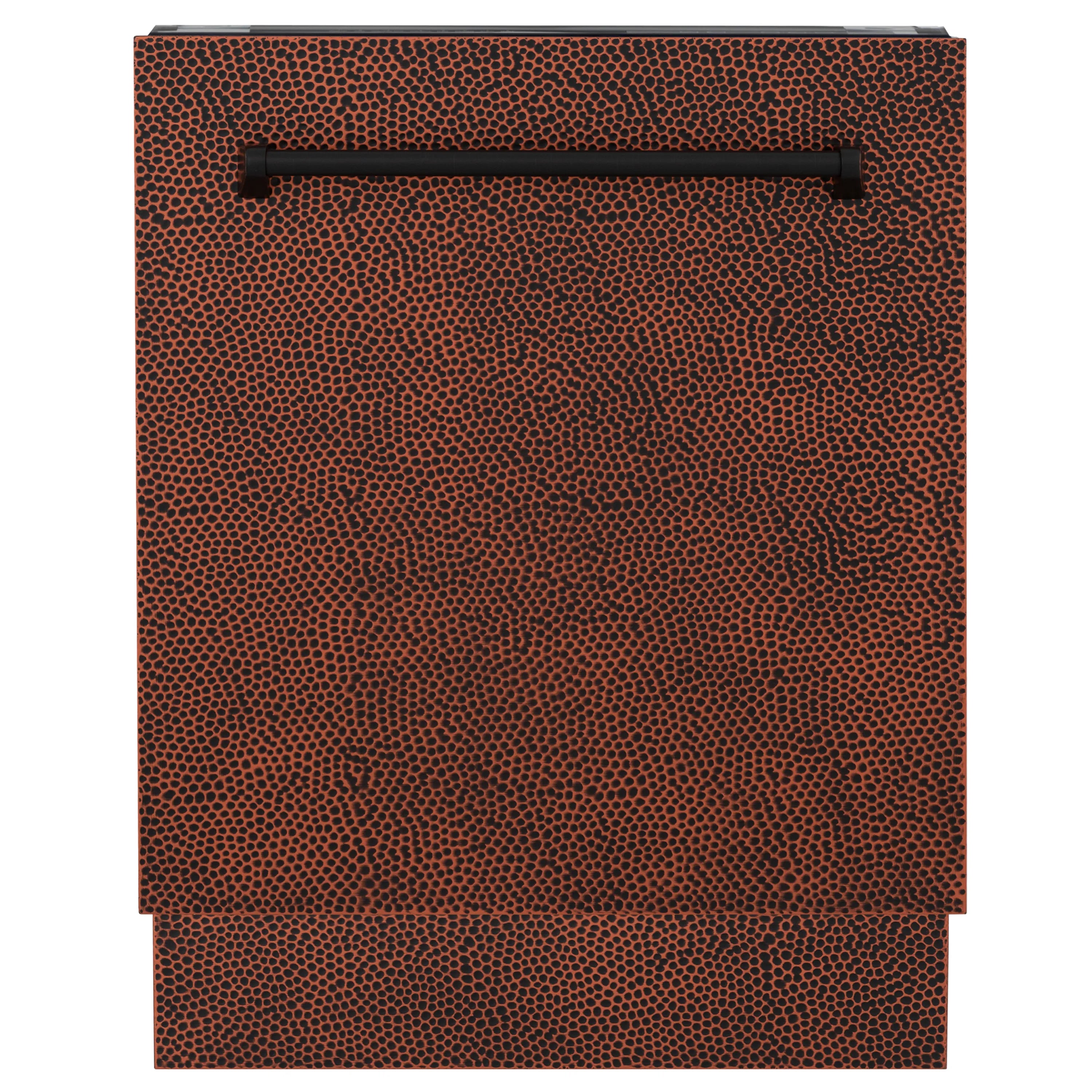 Hand hammered copper dishwasher door panel with black handle bar