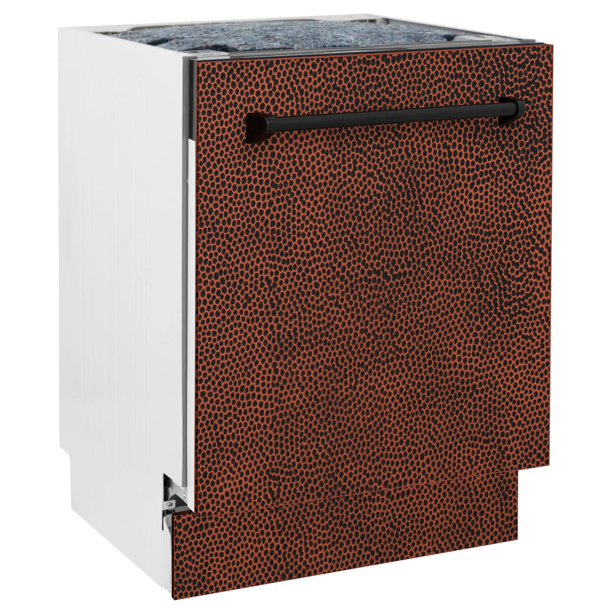 Dishwasher front with hand hammered copper door panel and black curved handle