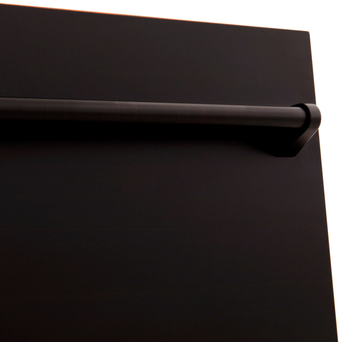 Close-up of dishwasher top handle bar on oil-rubbed bronze door