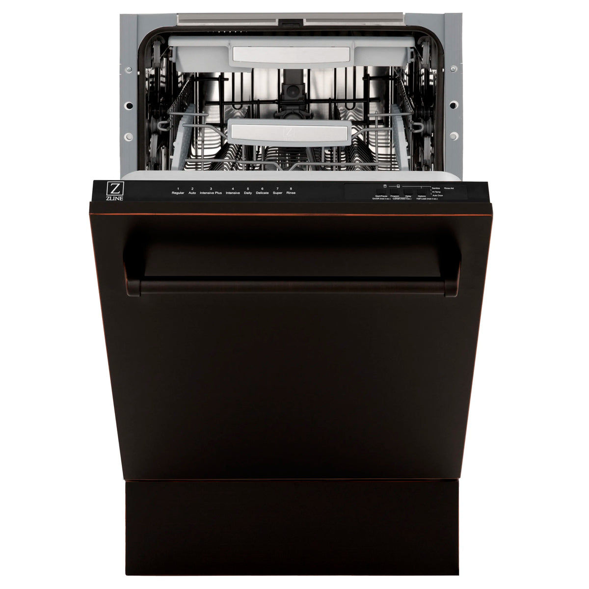 Dishwasher front with open door, top rack visible above stainless tub