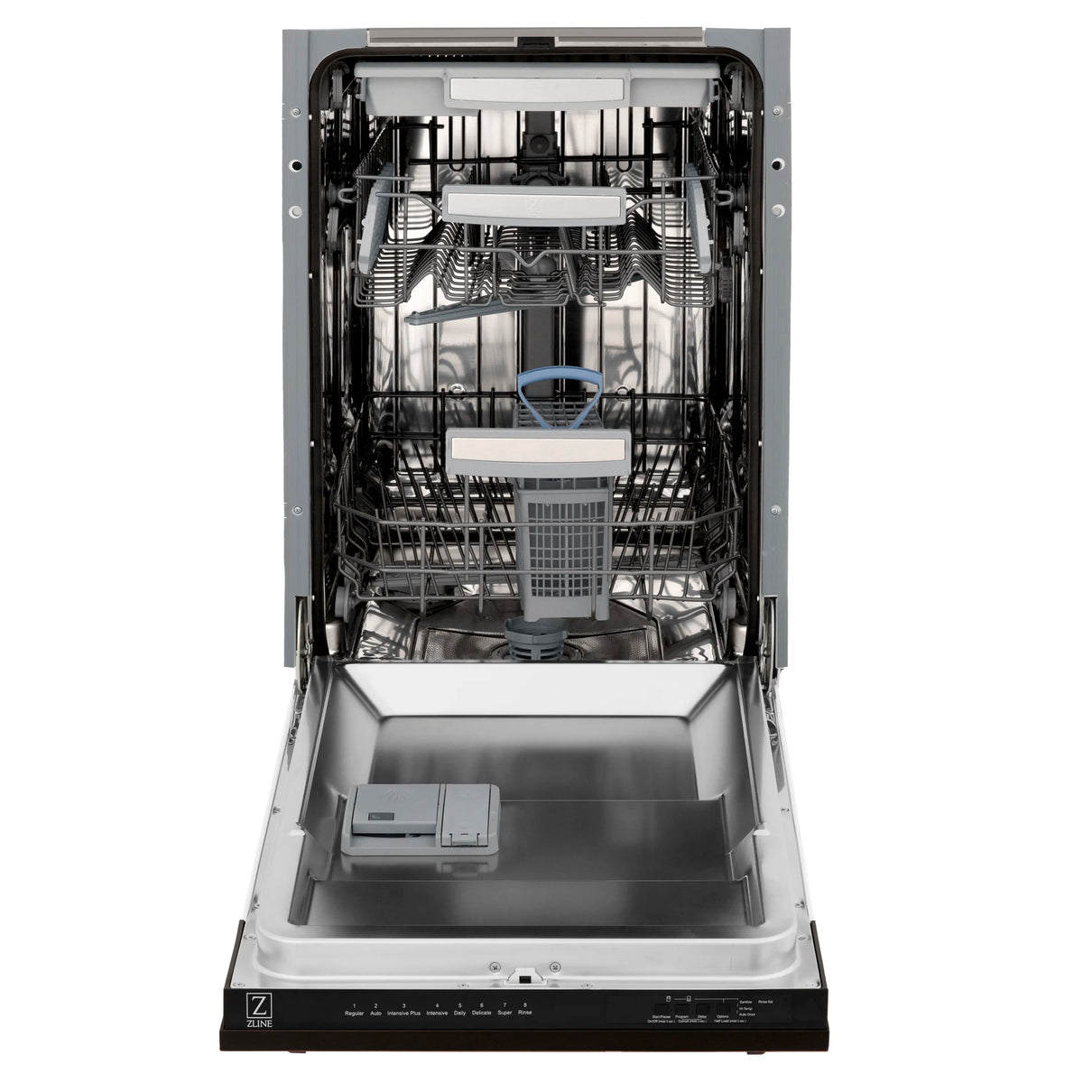 Open dishwasher with metal racks, spray arms, and stainless tub for loading dishes