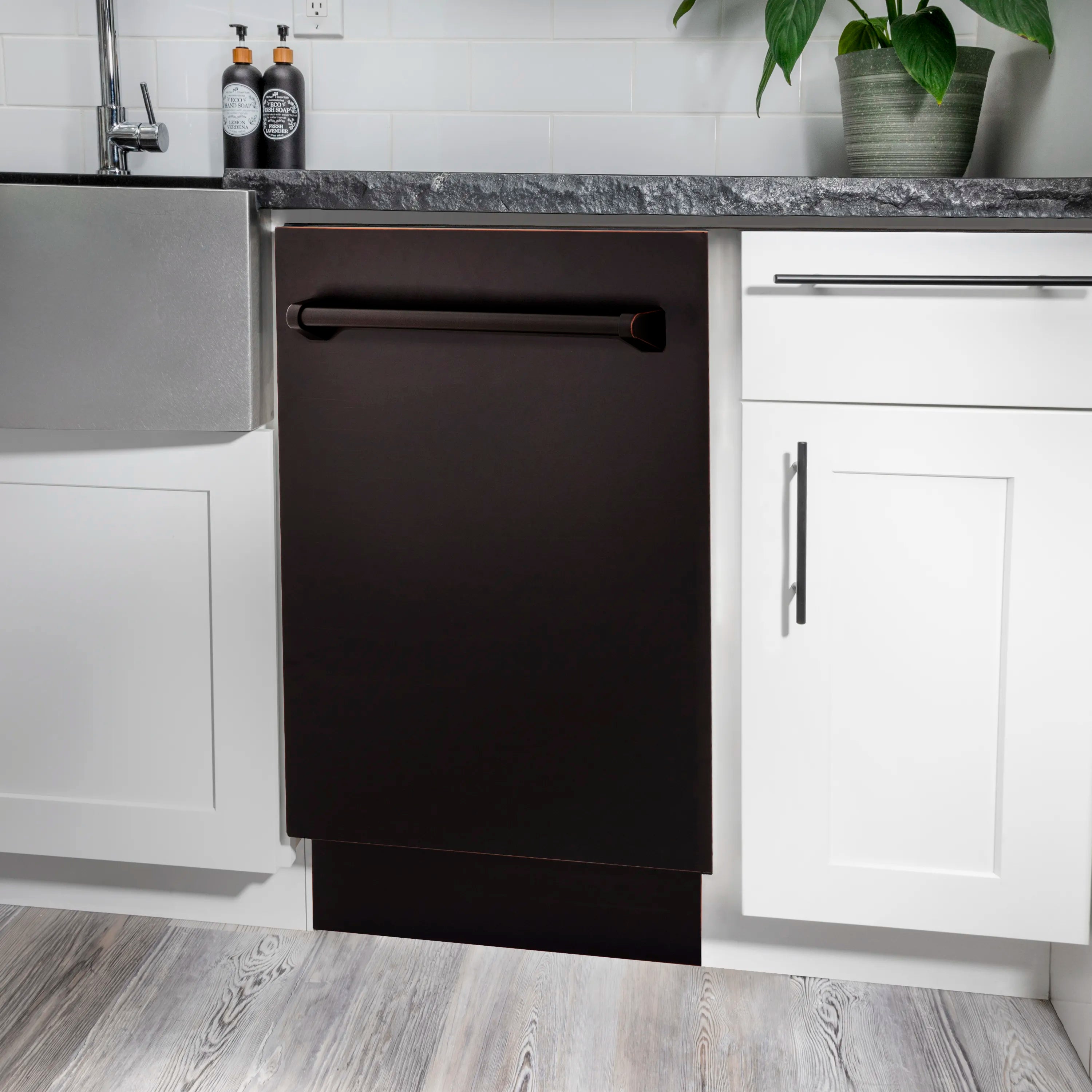 Built-in top-control dishwasher front with black door and handle