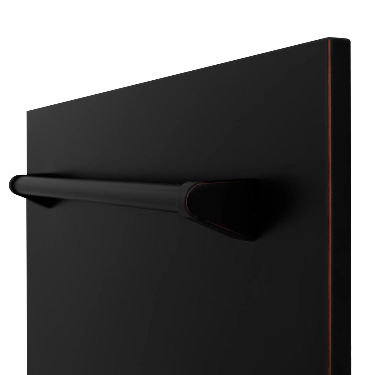 Dark dishwasher door with curved handle and red accent trim