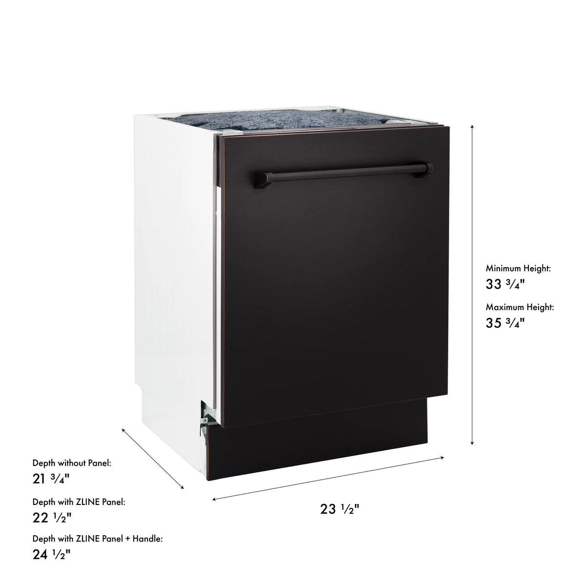Dark front dishwasher view with recessed handle and height/width diagram