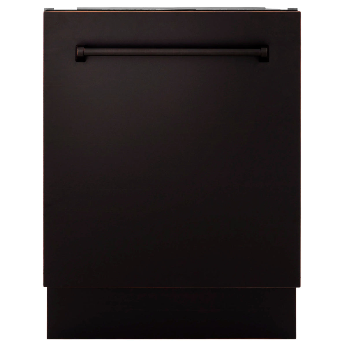 Oil-rubbed bronze dishwasher with dark door panel and recessed front handle