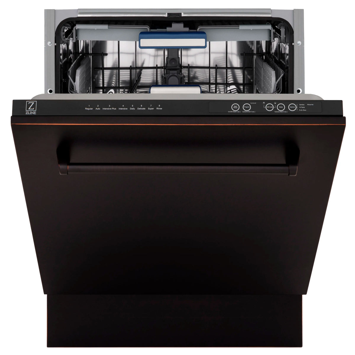 Dishwasher front with control panel and open tub with gray racks