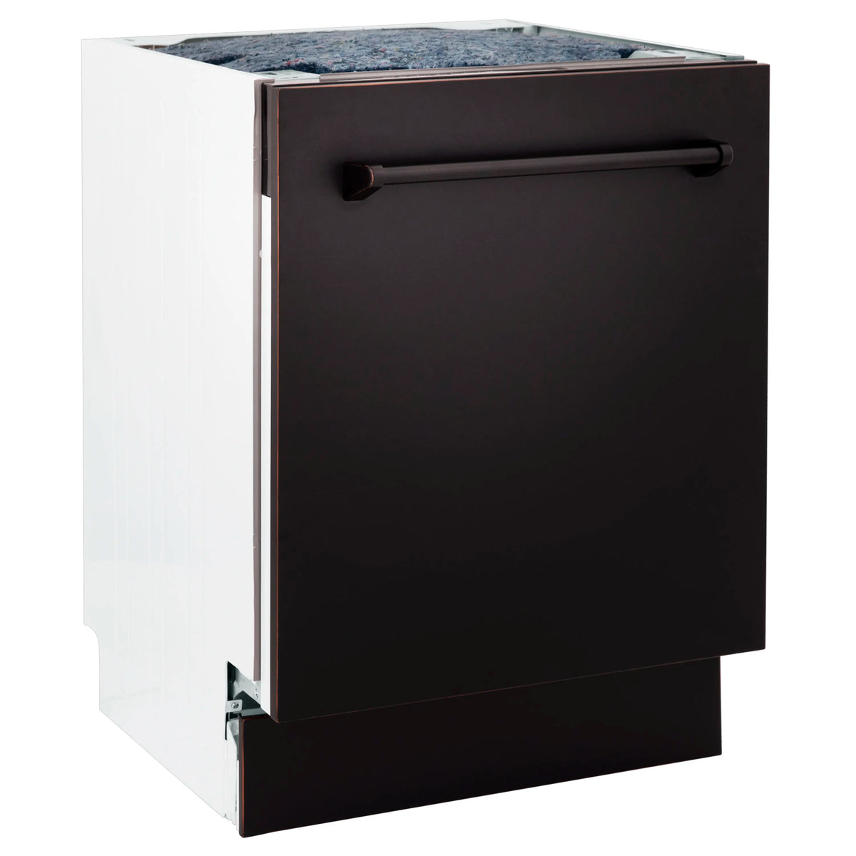 Oil-rubbed bronze built-in dishwasher with dark front door and recessed handle