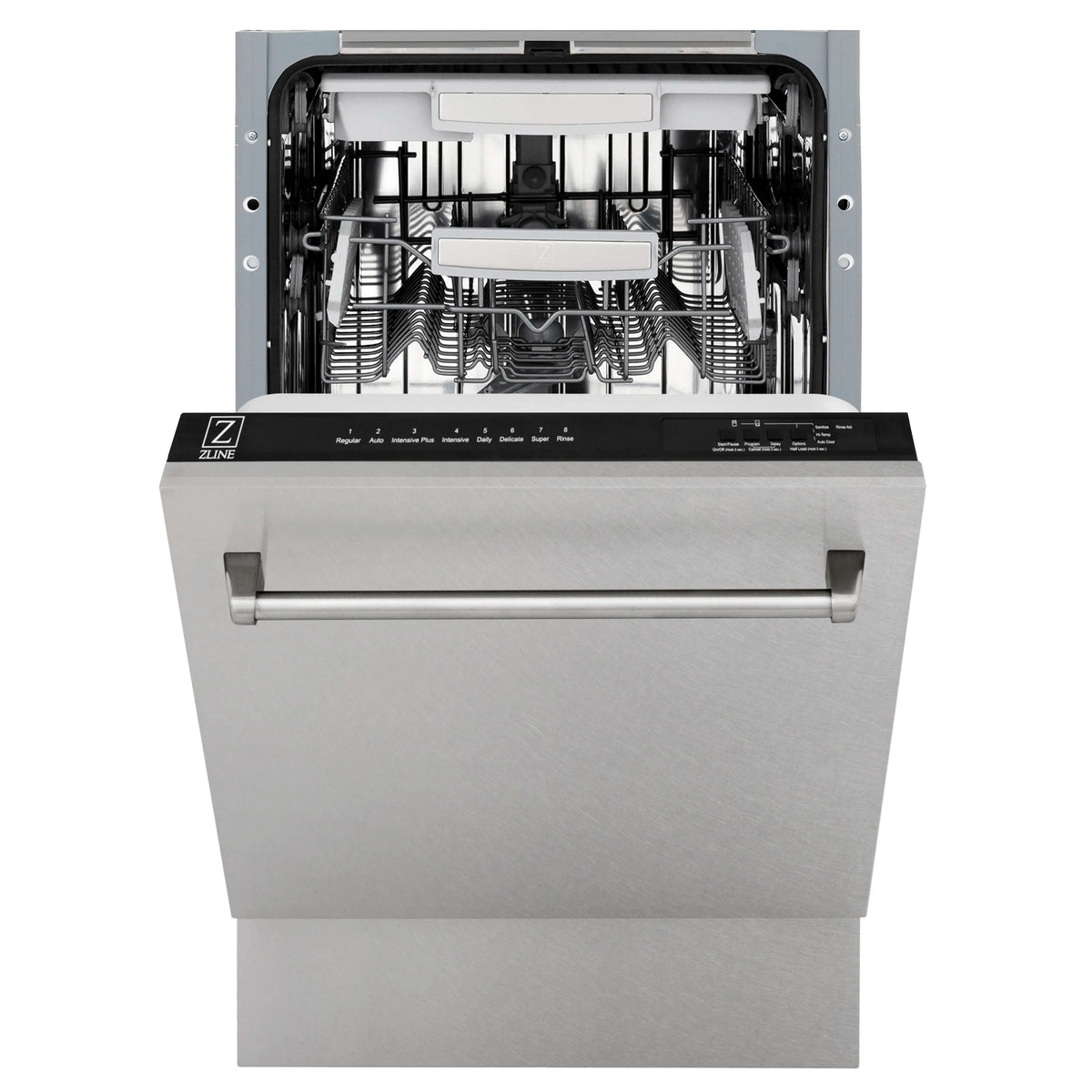 Tall dishwasher with open door showing upper and lower racks and spray arms