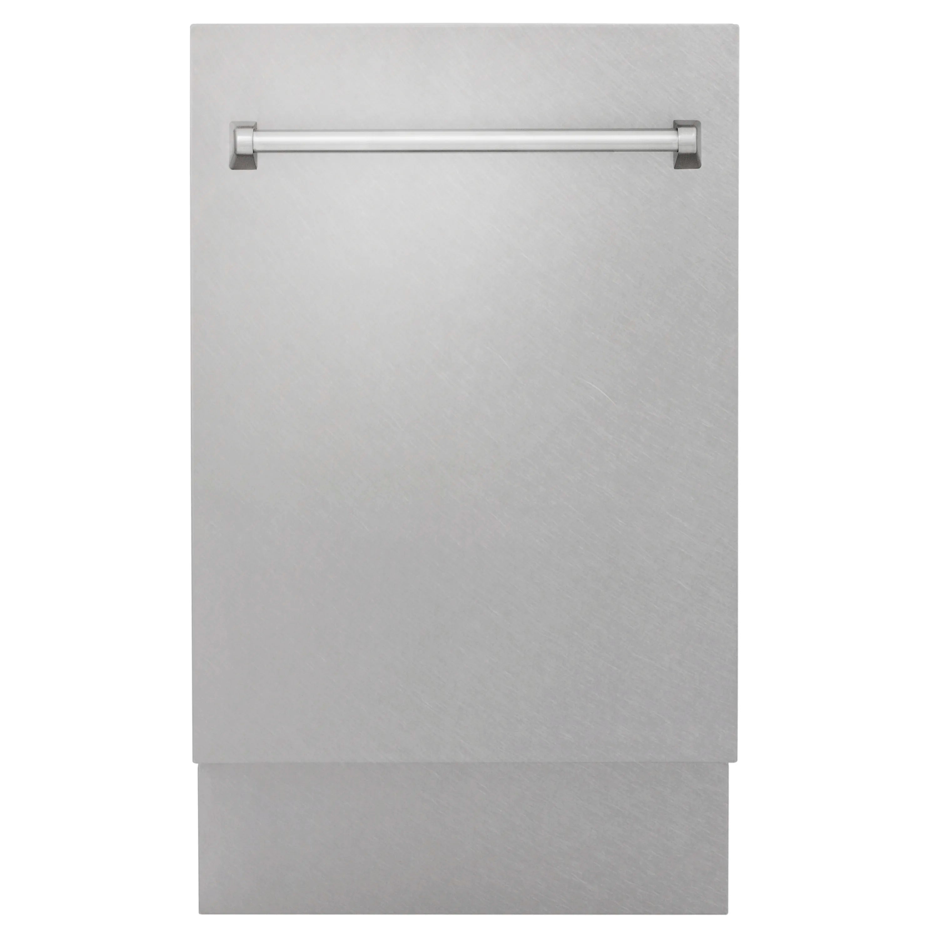 Satin stainless steel dishwasher door with top control panel and horizontal handle