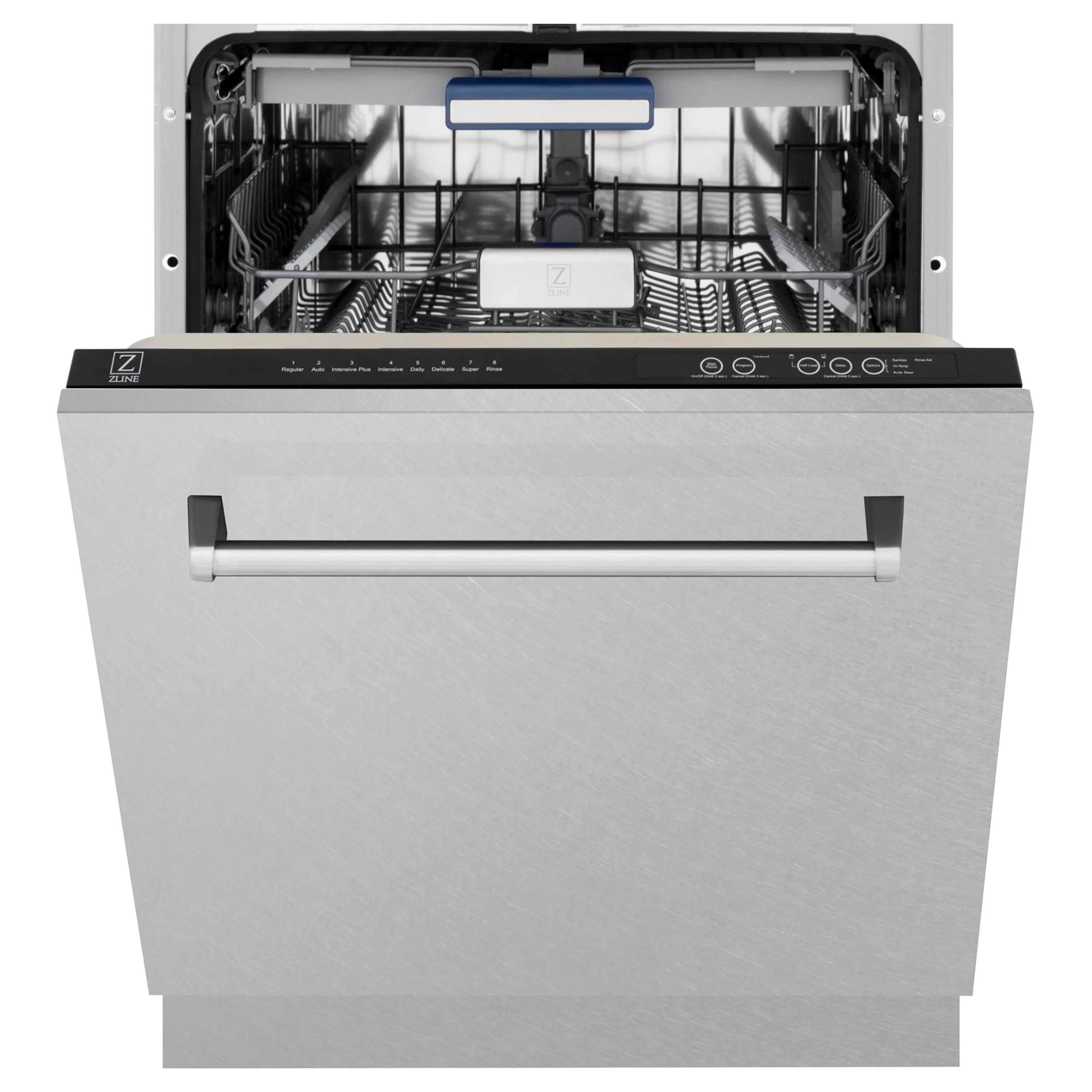 Tall dishwasher with door open showing wire racks and top control area