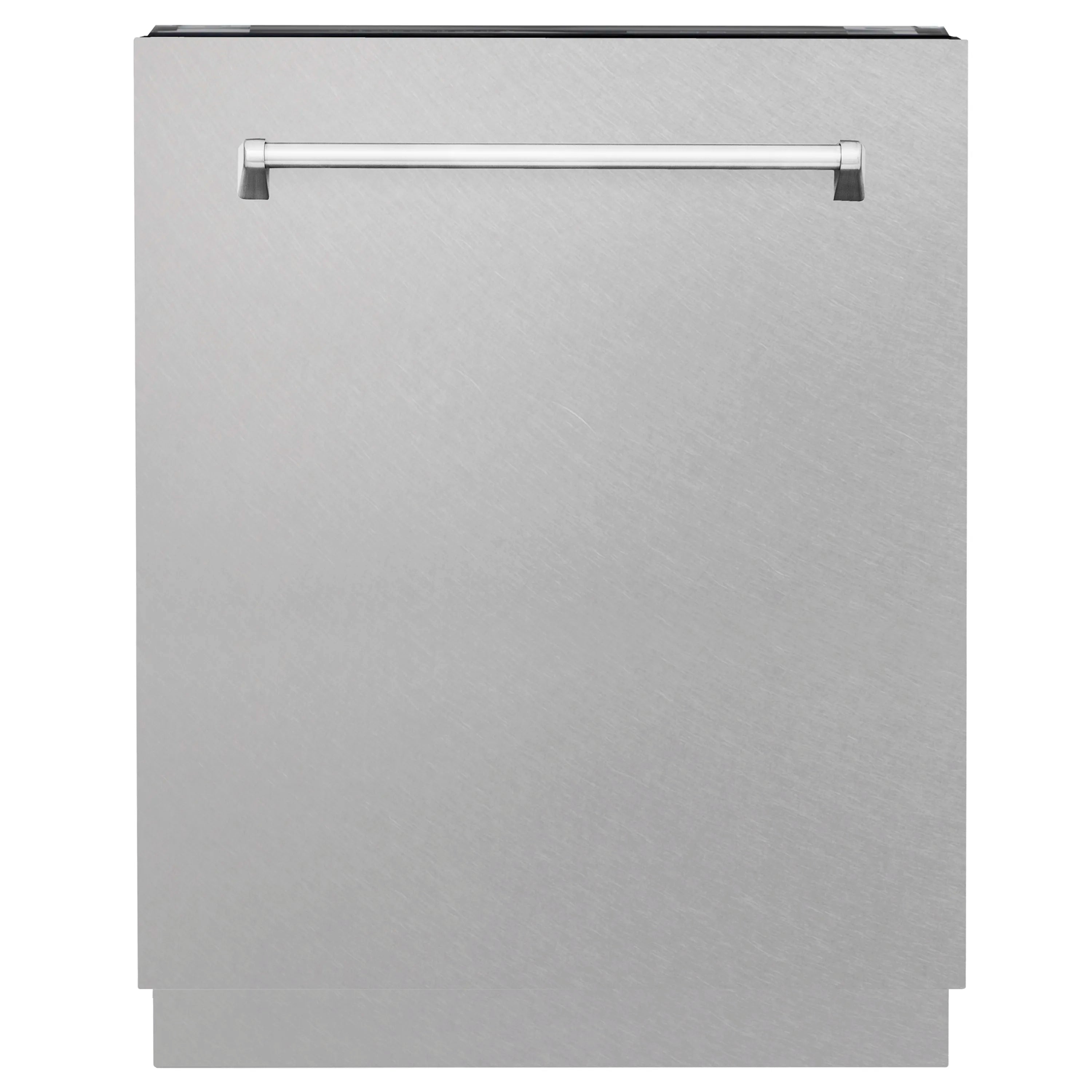 Satin stainless steel dishwasher front panel with horizontal handle