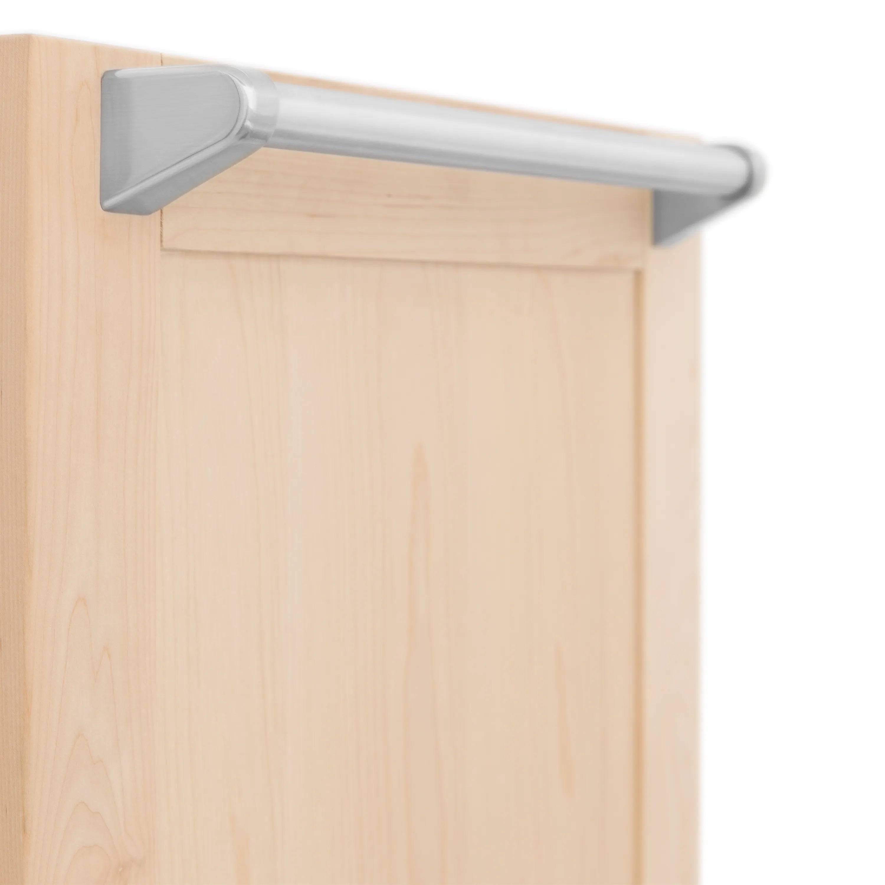 Unfinished wood door panel with gray handle bar