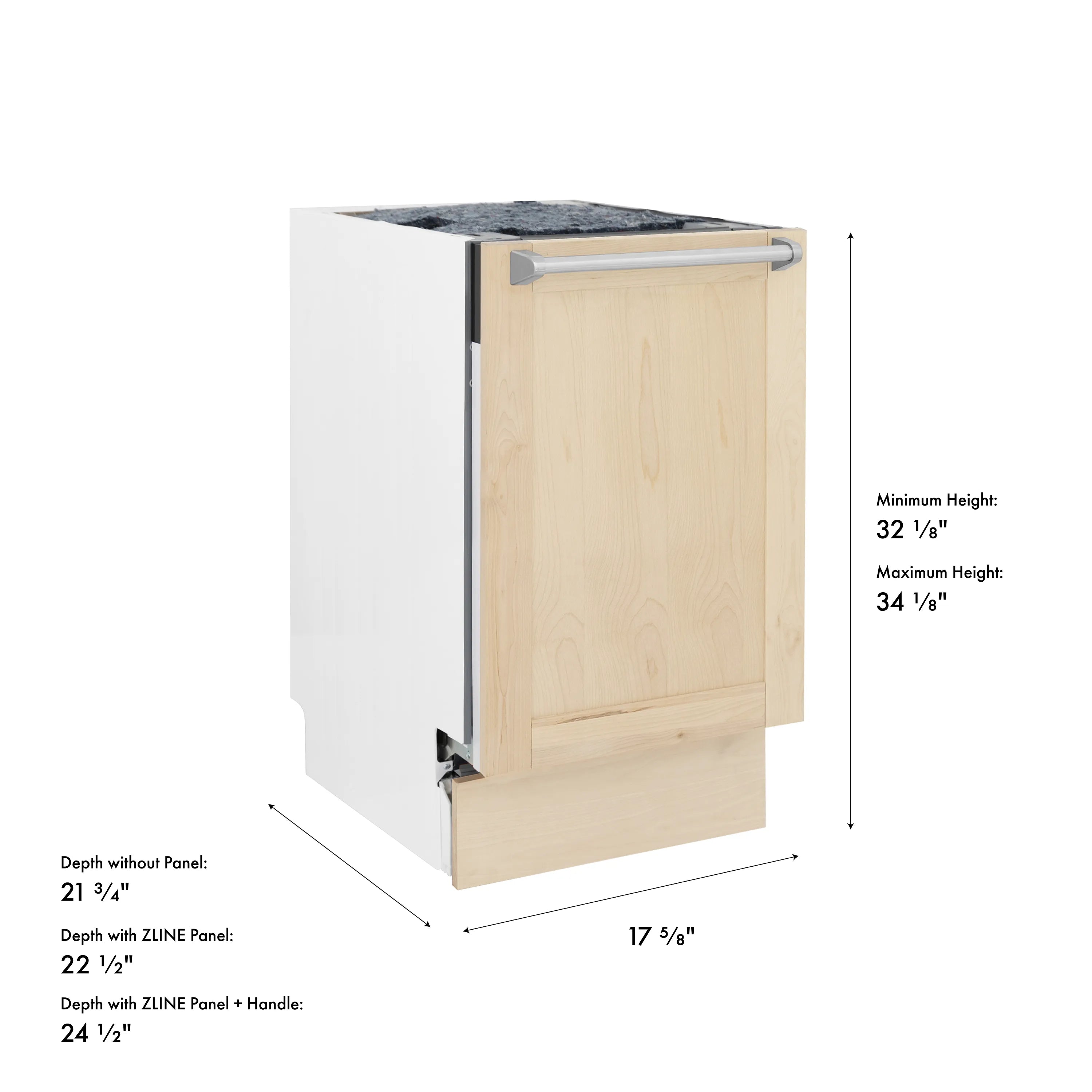 Unfinished wood dishwasher door panel with height and depth measurement diagram
