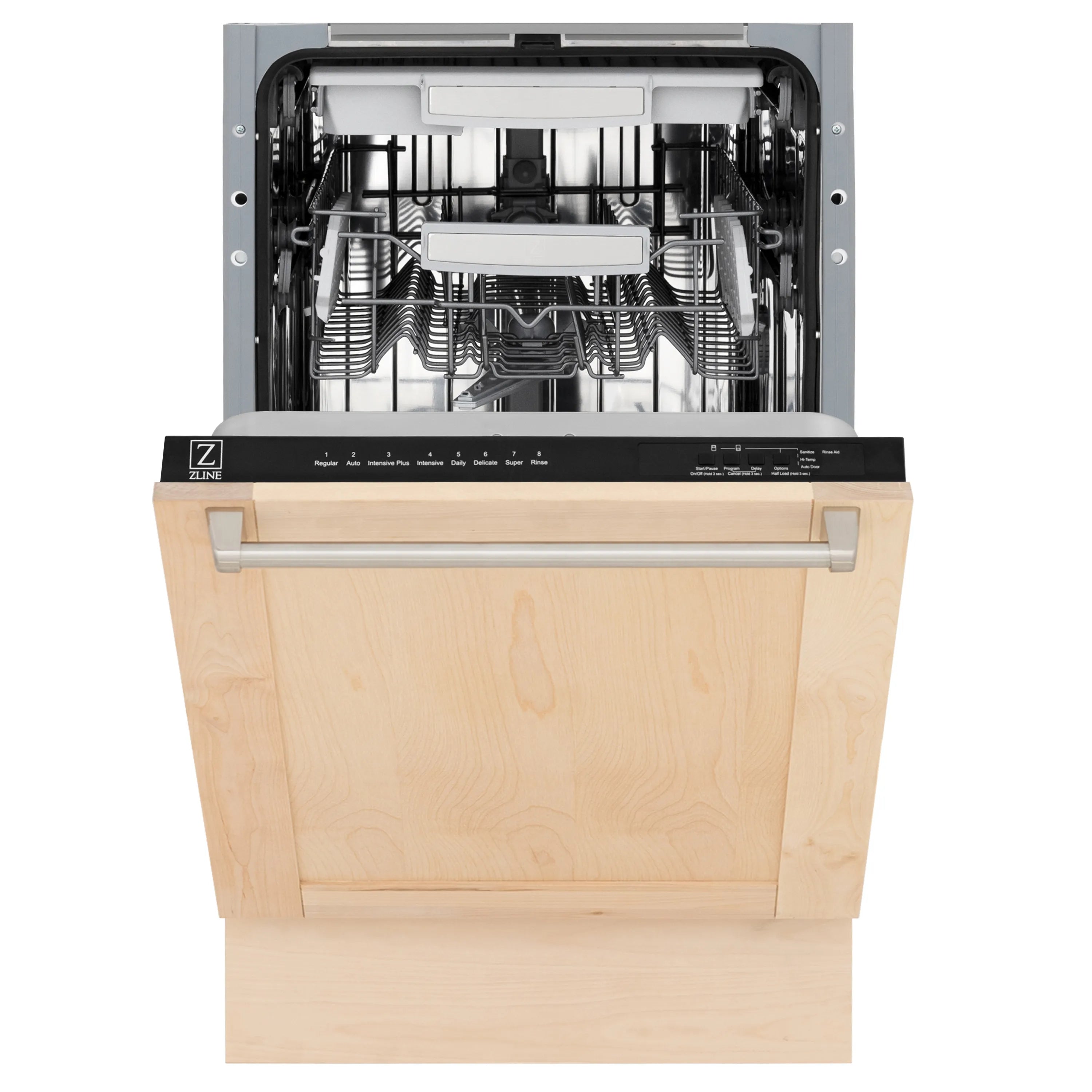 Freestanding dishwasher with open racks and unfinished wood door panel