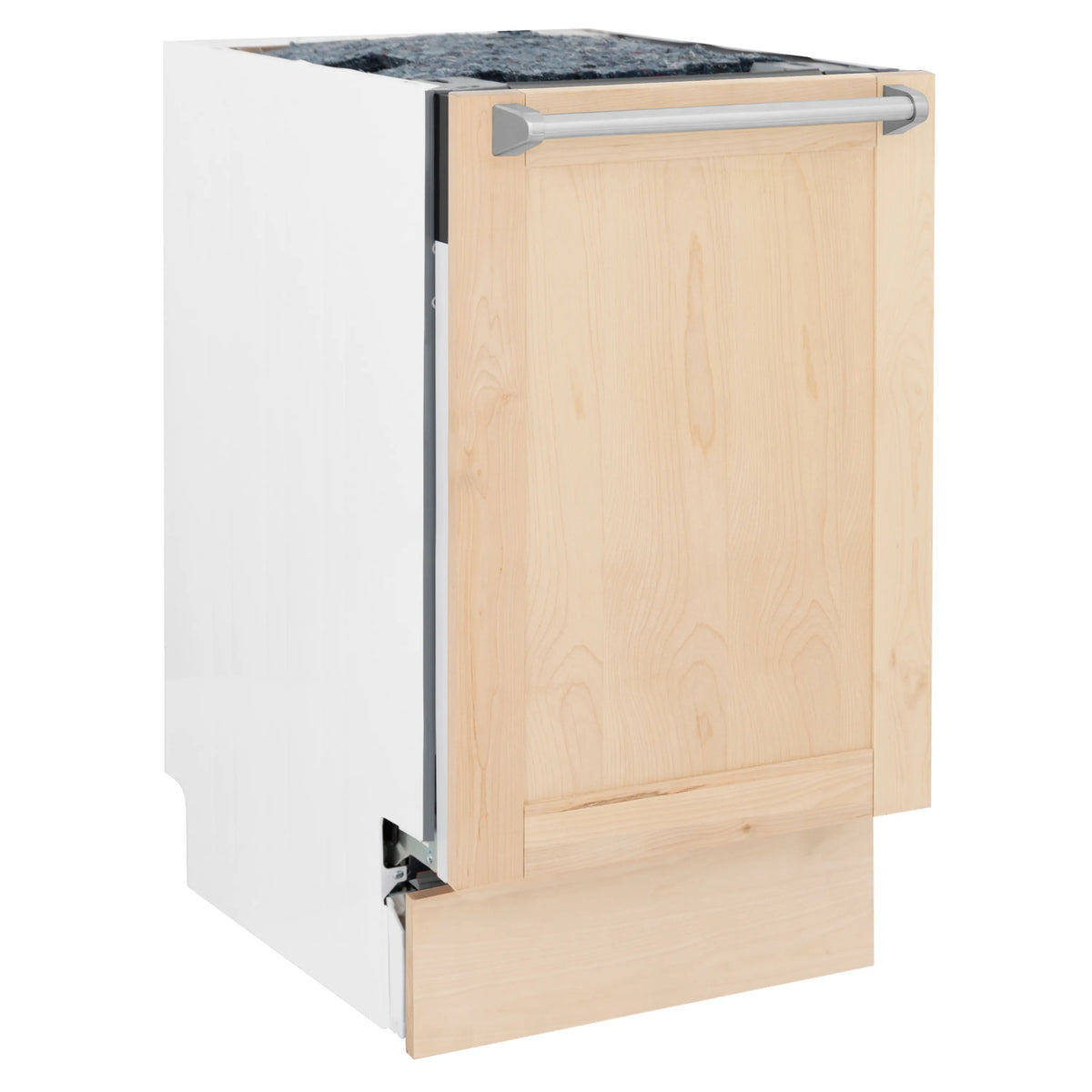 Built-in dishwasher with unfinished wood door panel and stainless side frame
